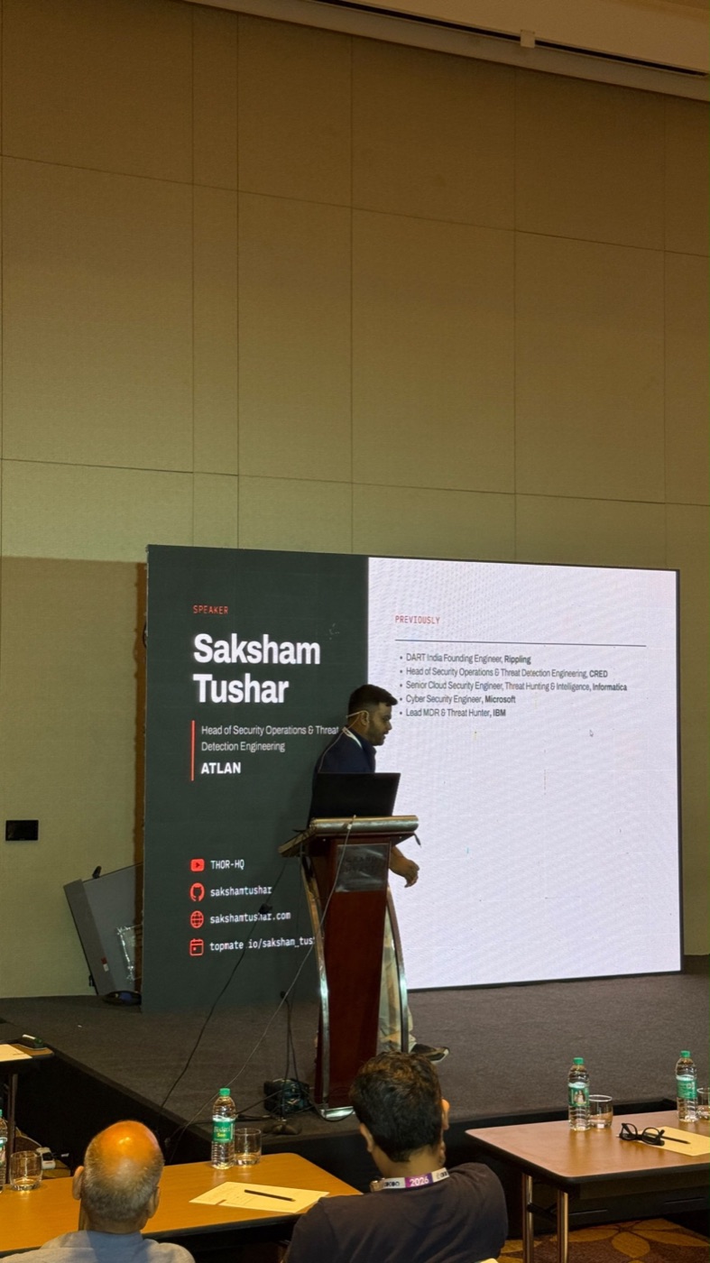 The speaker slide: THOR-HQ, GitHub, sakshamtushar.com