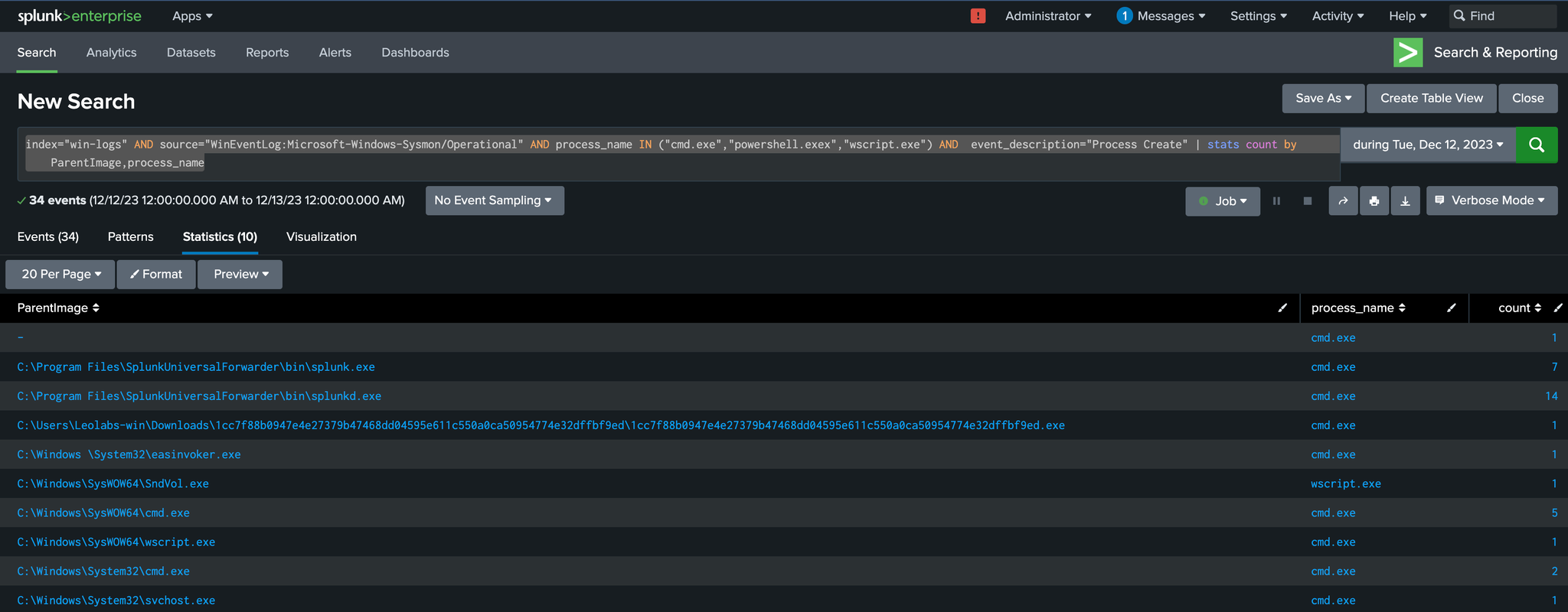 Splunk detection query and results, screenshot 2