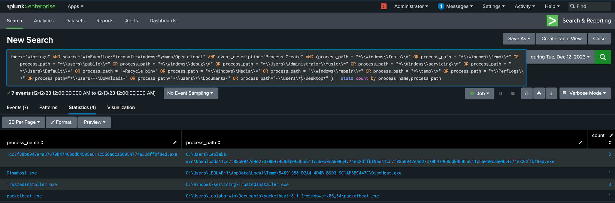 Splunk detection query and results, screenshot 3