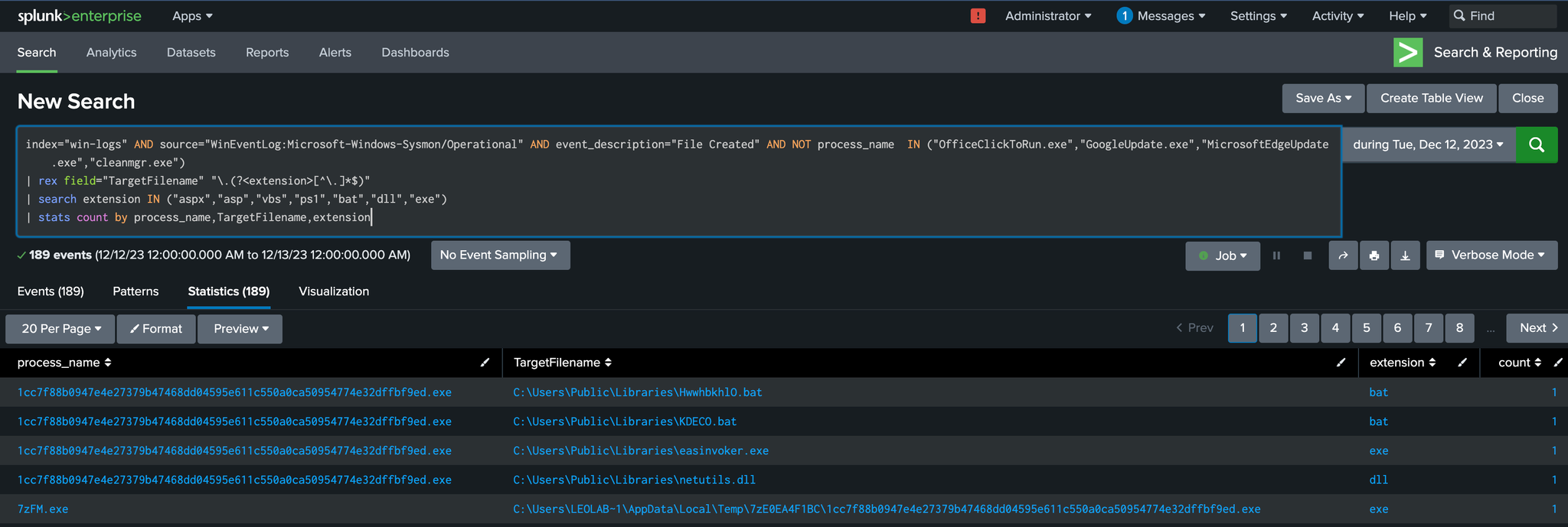Splunk detection query and results, screenshot 9